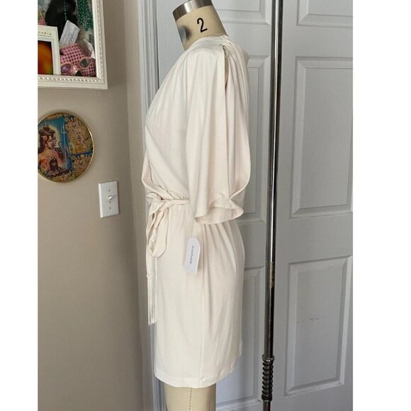 JESSICA SIMPSON ivory Y2K Mock Wrap V-Neck fringe Belted Mini Dress *X-SMALL* - Picture 3 of 6